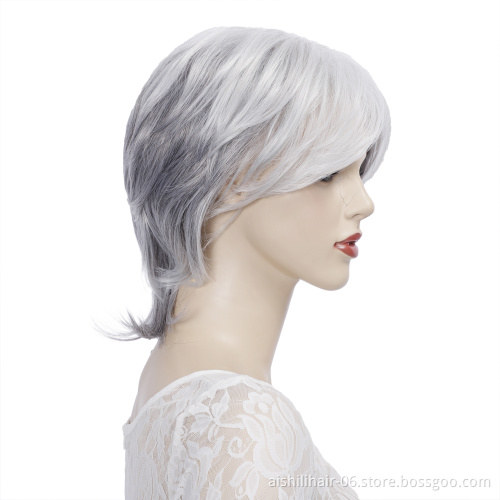 wholesale heat resistant silver-gray short natural straight hair synthetic hair wig for Older women
